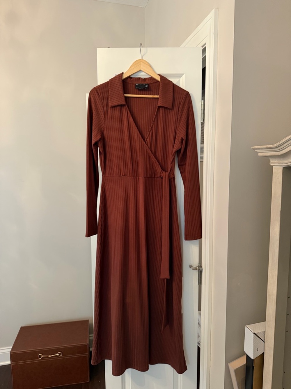 ASOS Ribbed Wrap Midi Dress in Rust Brown